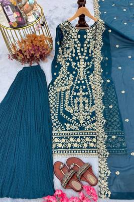 Teal blue faux georgette embroidered top  crushed palazzo & dupatta set 3