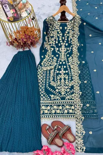 Teal blue faux georgette embroidered top  crushed palazzo & dupatta set