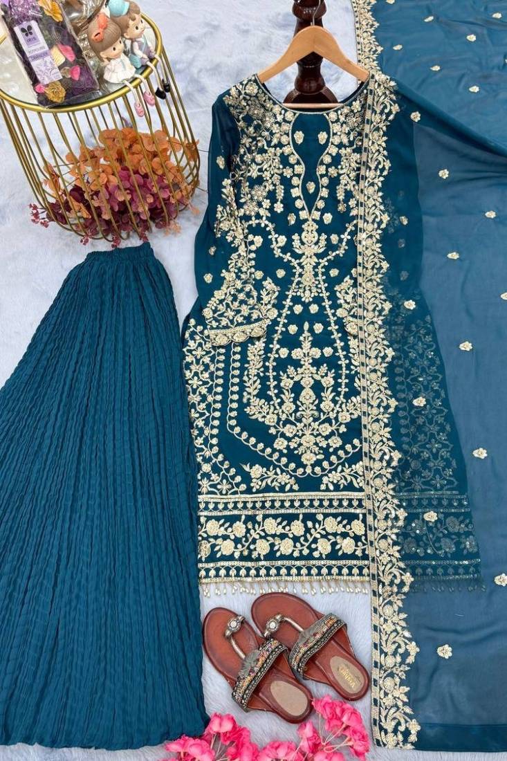 Teal blue faux georgette embroidered top  crushed palazzo & dupatta set