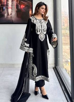 Designer black nylon organza silk blend embroidered top  satin palazzo & dupatta set 1