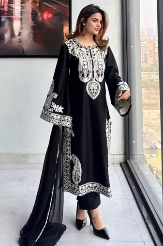 Designer black nylon organza silk blend embroidered top  satin palazzo & dupatta set