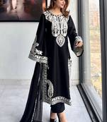 Designer black nylon organza silk blend embroidered top  satin palazzo & dupatta set
