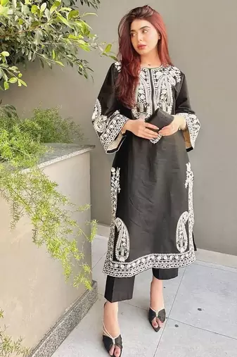 Designer black nylon organza silk blend embroidered top  satin palazzo & dupatta set