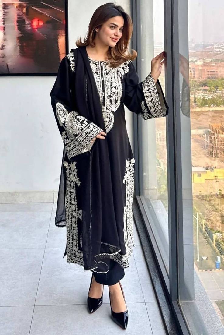 Designer black nylon organza silk blend embroidered top  satin palazzo & dupatta set