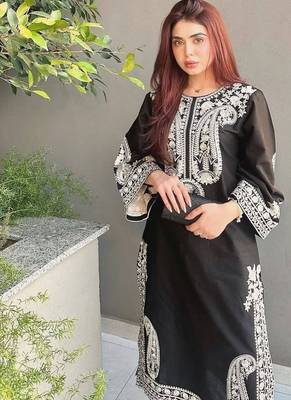 Designer black nylon organza silk blend embroidered top  satin palazzo & dupatta set 4