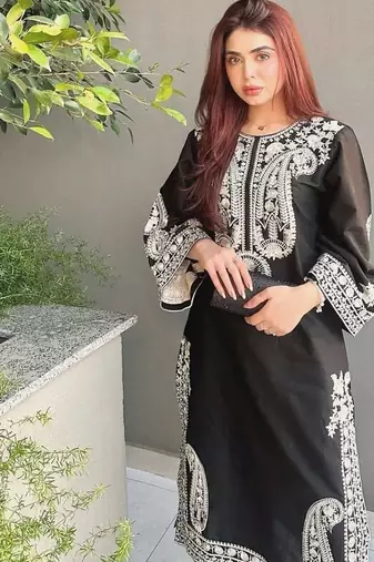 Designer black nylon organza silk blend embroidered top  satin palazzo & dupatta set