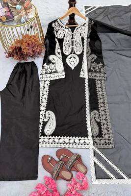 Designer black nylon organza silk blend embroidered top  satin palazzo & dupatta set 5