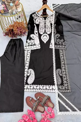 Designer black nylon organza silk blend embroidered top  satin palazzo & dupatta set