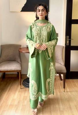 Designer green nylon organza silk blend embroidered top  satin palazzo & dupatta set 1