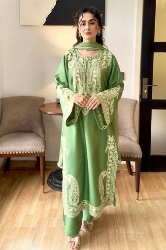 Designer green nylon organza silk blend embroidered top  satin palazzo & dupatta set