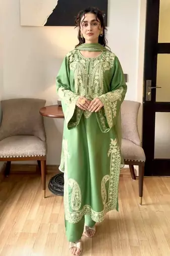 Designer green nylon organza silk blend embroidered top  satin palazzo & dupatta set