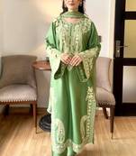 Designer green nylon organza silk blend embroidered top  satin palazzo & dupatta set