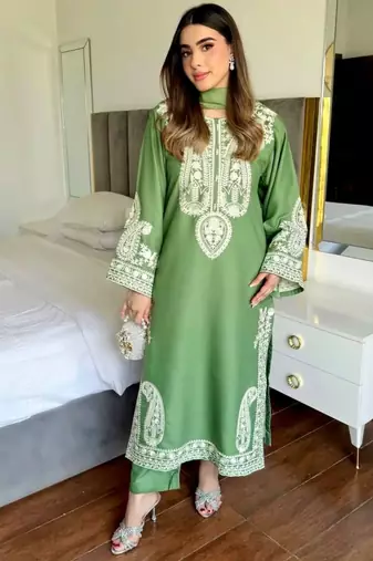 Designer green nylon organza silk blend embroidered top  satin palazzo & dupatta set