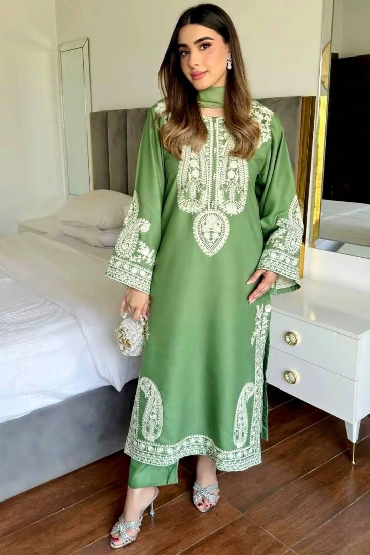 Designer green nylon organza silk blend embroidered top  satin palazzo & dupatta set