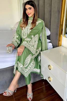 Designer green nylon organza silk blend embroidered top  satin palazzo & dupatta set 3