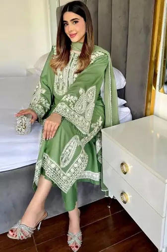 Designer green nylon organza silk blend embroidered top  satin palazzo & dupatta set