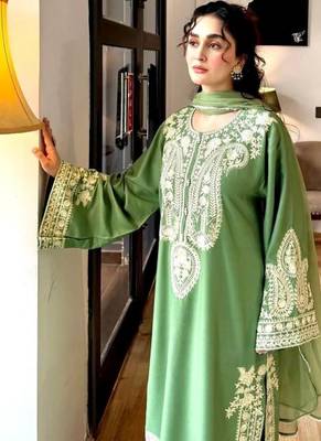 Designer green nylon organza silk blend embroidered top  satin palazzo & dupatta set 4
