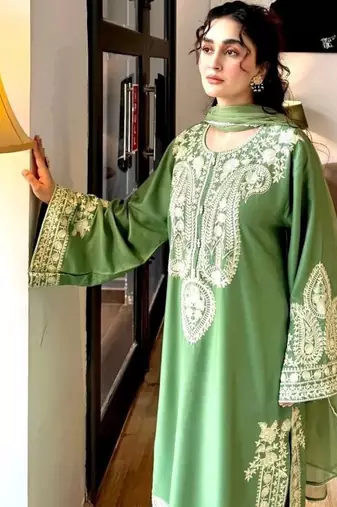 Designer green nylon organza silk blend embroidered top  satin palazzo & dupatta set