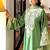 Designer green nylon organza silk blend embroidered top  satin palazzo & dupatta set