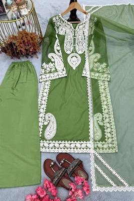 Designer green nylon organza silk blend embroidered top  satin palazzo & dupatta set 5