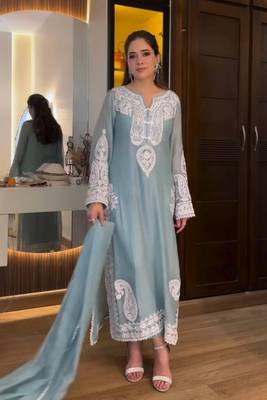 Designer sky blue nylon organza silk blend embroidered top  satin palazzo & dupatta set 1