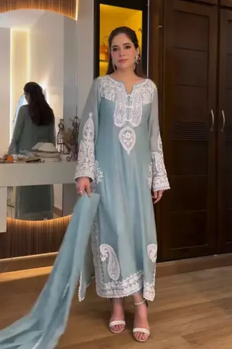 Designer sky blue nylon organza silk blend embroidered top  satin palazzo & dupatta set