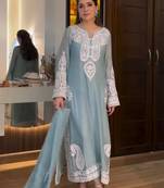 Designer sky blue nylon organza silk blend embroidered top  satin palazzo & dupatta set