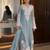 Designer sky blue nylon organza silk blend embroidered top  satin palazzo & dupatta set