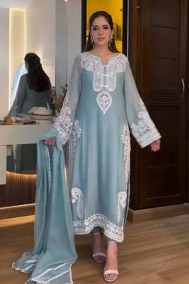 Designer sky blue nylon organza silk blend embroidered top  satin palazzo & dupatta set 2