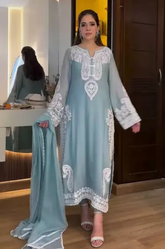 Designer sky blue nylon organza silk blend embroidered top  satin palazzo & dupatta set