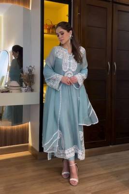 Designer sky blue nylon organza silk blend embroidered top  satin palazzo & dupatta set 3