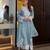 Designer sky blue nylon organza silk blend embroidered top  satin palazzo & dupatta set