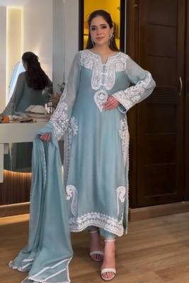 Designer sky blue nylon organza silk blend embroidered top  satin palazzo & dupatta set 4