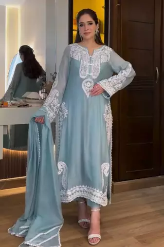Designer sky blue nylon organza silk blend embroidered top  satin palazzo & dupatta set