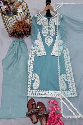Designer sky blue nylon organza silk blend embroidered top  satin palazzo & dupatta set 5