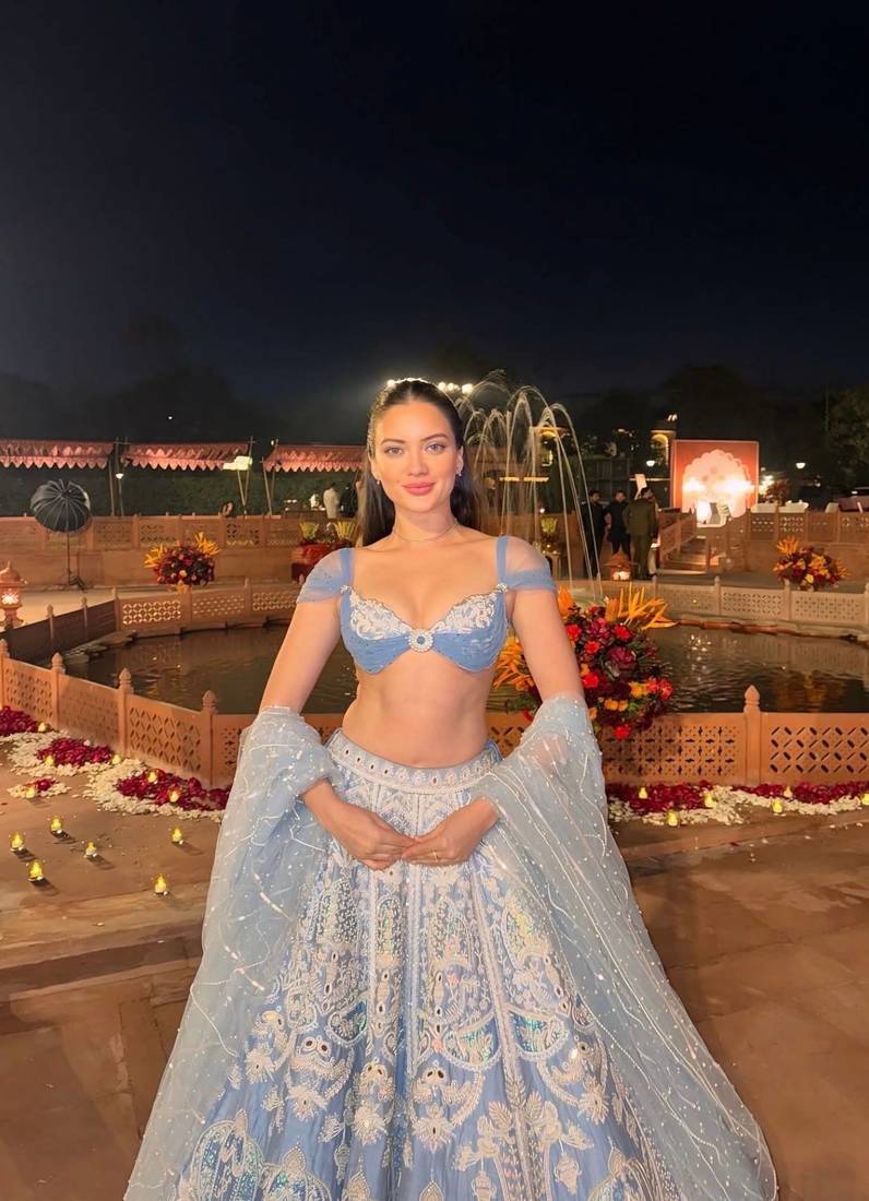 Sky Blue color Resham dori rainbow sequins work silk blend lehenga Choli Set 