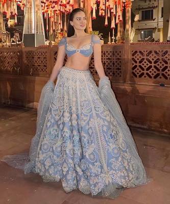 Sky Blue color Resham dori rainbow sequins work silk blend lehenga Choli Set  1