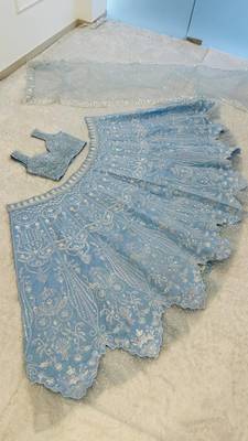 Sky Blue color Resham dori rainbow sequins work silk blend lehenga Choli Set  3