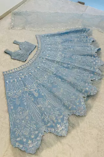 Sky Blue color Resham dori rainbow sequins work silk blend lehenga Choli Set 