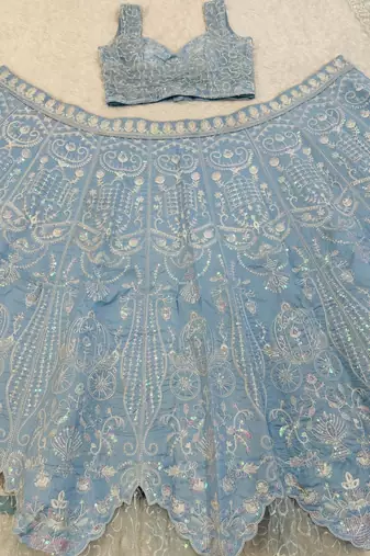 Sky Blue color Resham dori rainbow sequins work silk blend lehenga Choli Set 