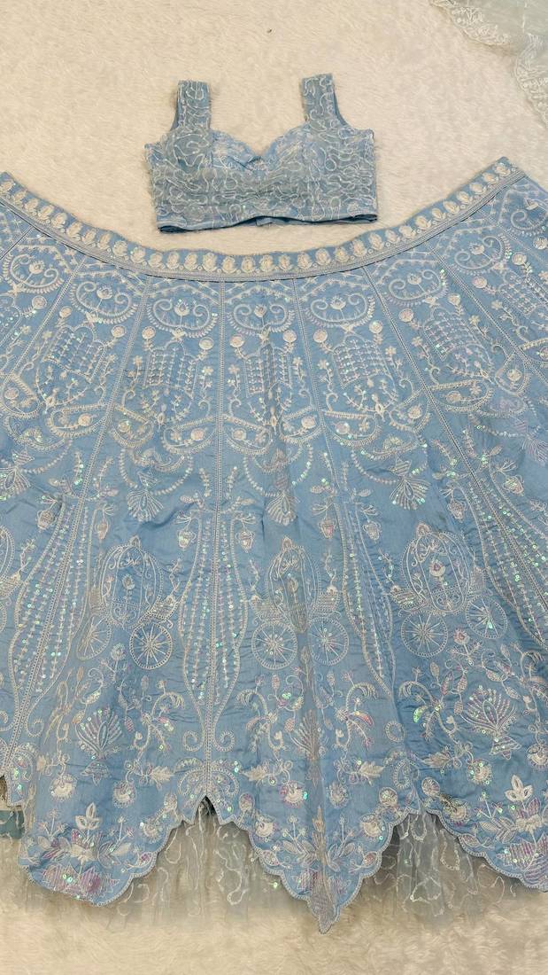 Sky Blue color Resham dori rainbow sequins work silk blend lehenga Choli Set 