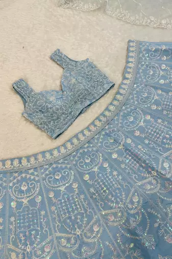 Sky Blue color Resham dori rainbow sequins work silk blend lehenga Choli Set 