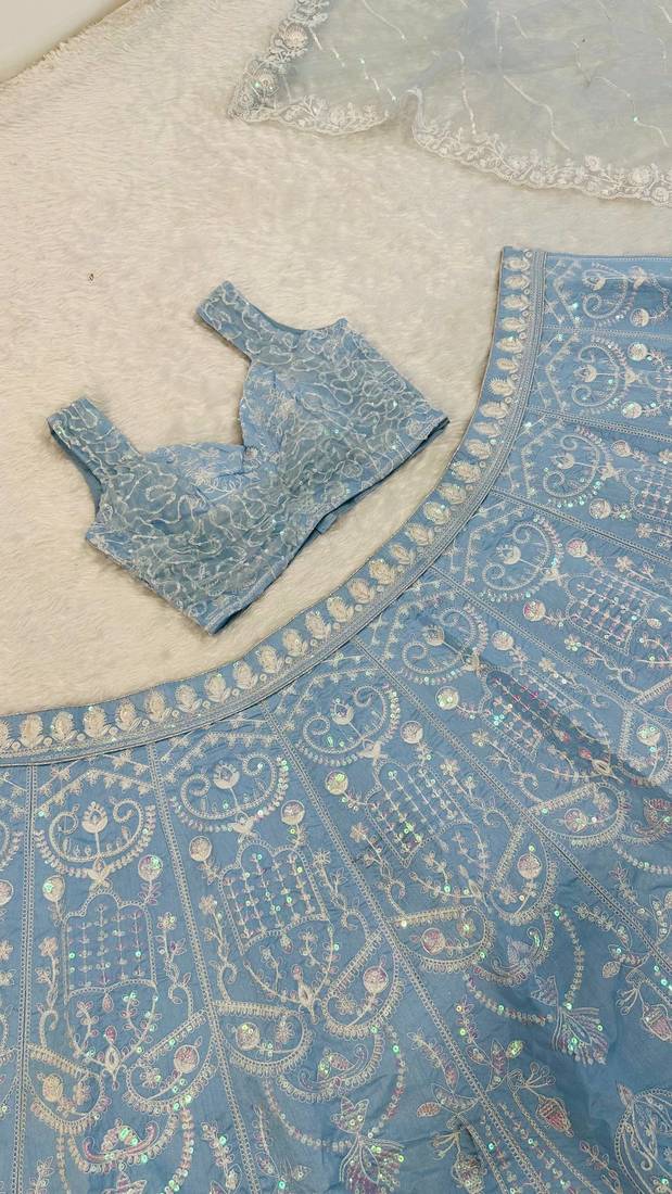 Sky Blue color Resham dori rainbow sequins work silk blend lehenga Choli Set 