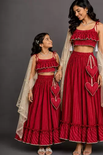 Crimson Red Embroidered Cotton Silk Lehenga Set