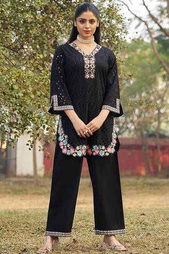 Black schiffli embroidered pure cotton straight pant kurta set