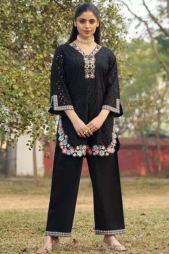 Black schiffli embroidered pure cotton straight pant kurta set