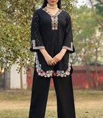 Black schiffli embroidered pure cotton straight pant kurta set