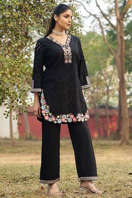 Black schiffli embroidered pure cotton straight pant kurta set 2