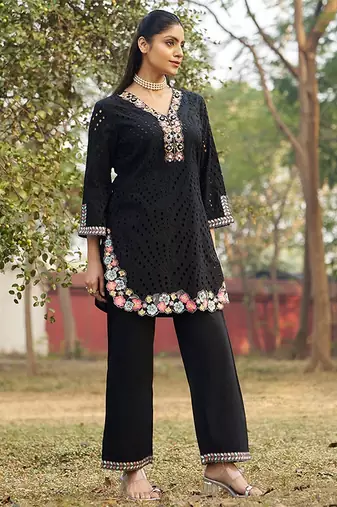 Black schiffli embroidered pure cotton straight pant kurta set