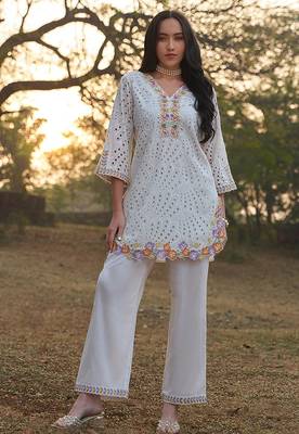 White schiffli embroidered pure cotton straight pant kurta set 1